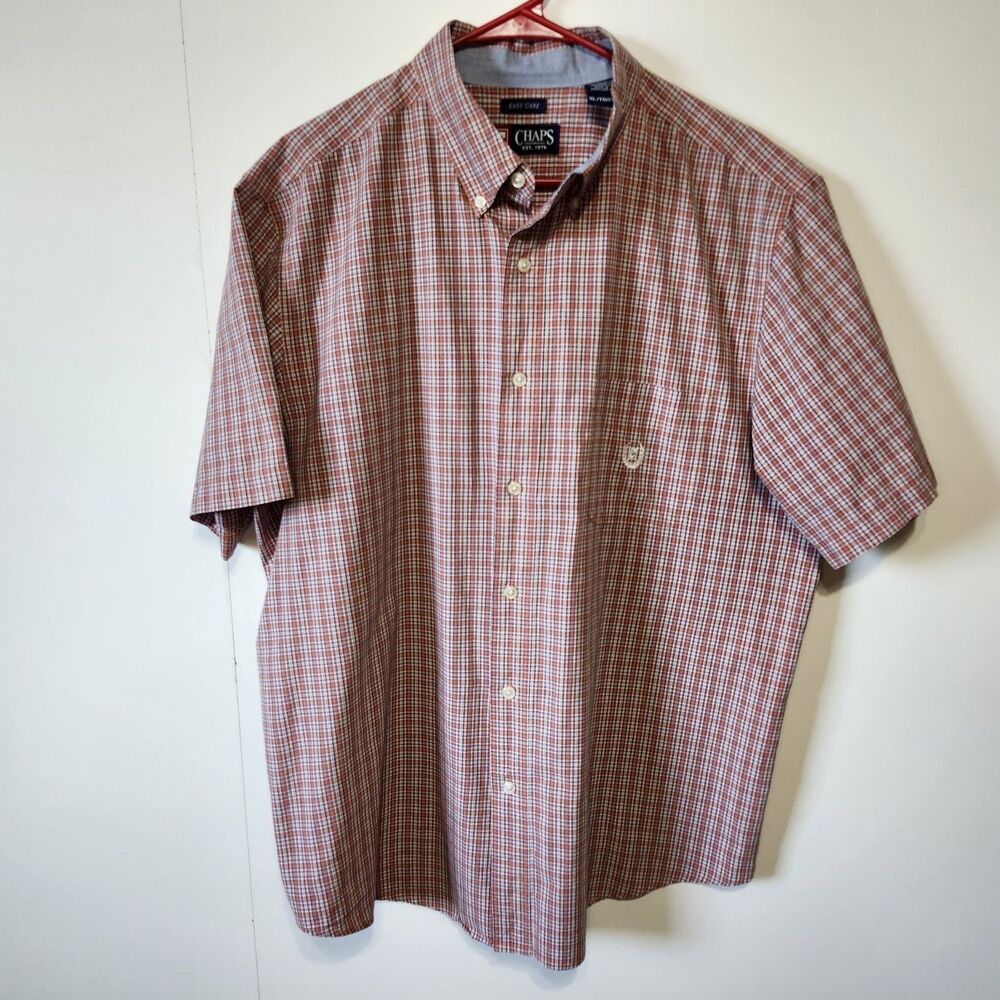Chaps Easy Care Plaid Button Shirt Mens XL Red Blue Orange Short Sleeve Pocket